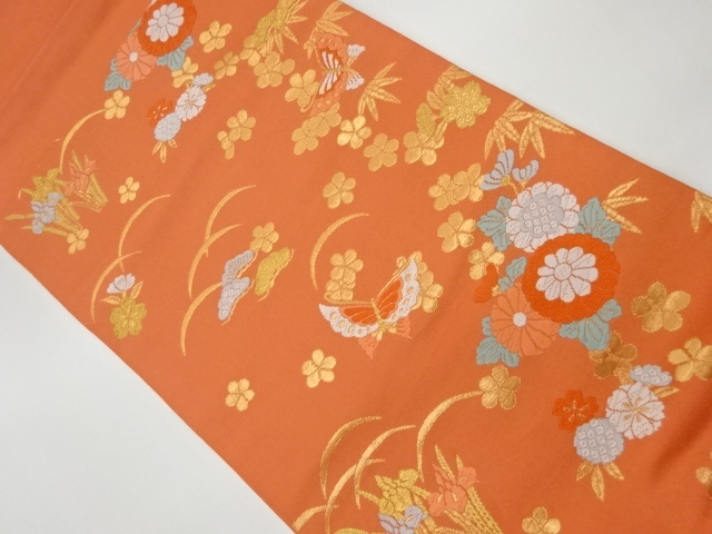 JAPANESE KIMONO / VINTAGE HIRAKI NAGOYA OBI / WOVEN SHOCHIKUBAI & BUTTERFLY